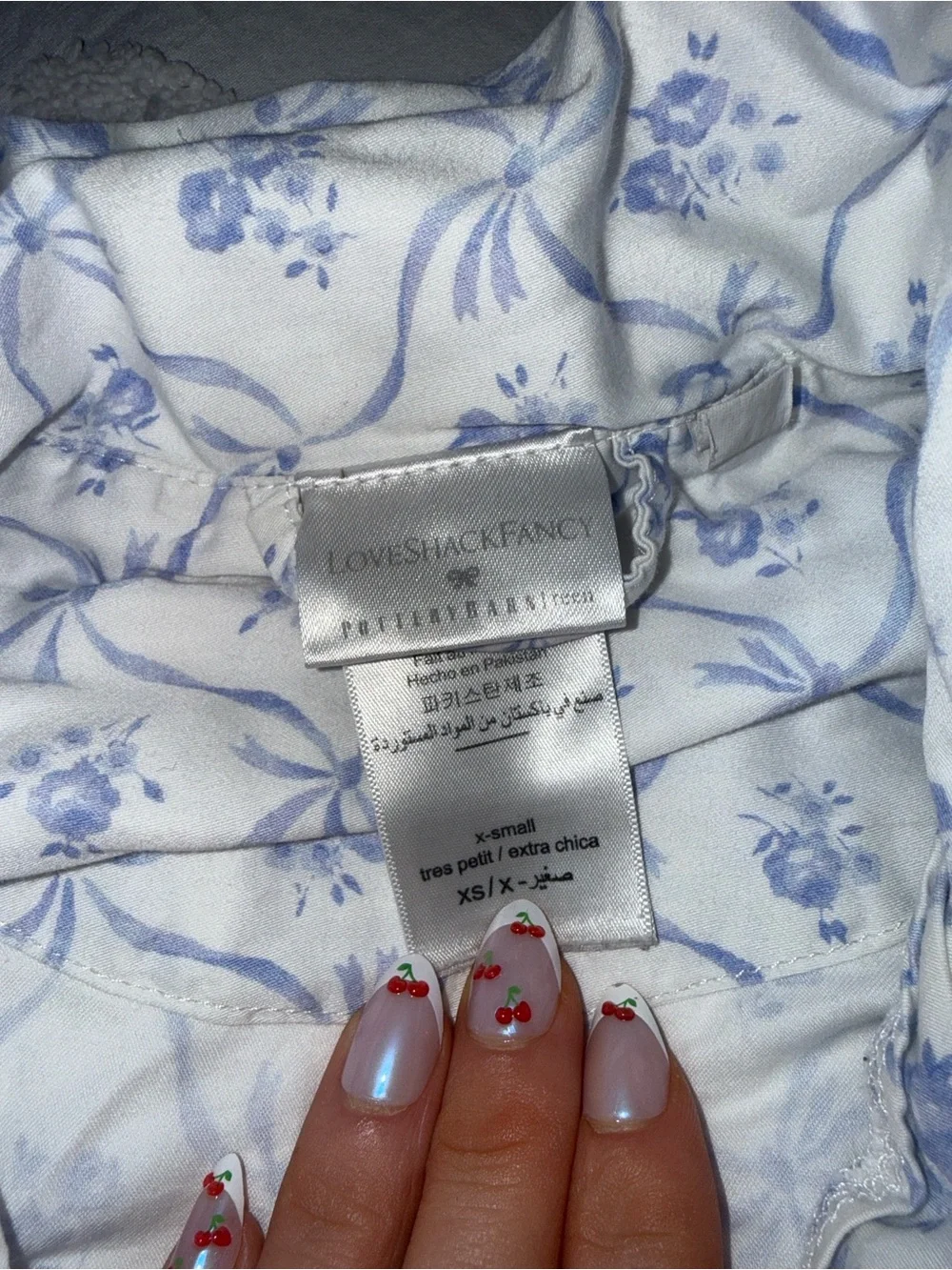 LoveShackFancy White and Light Blue Floral Two-Piece Pajama Set - Picture 6 of 7